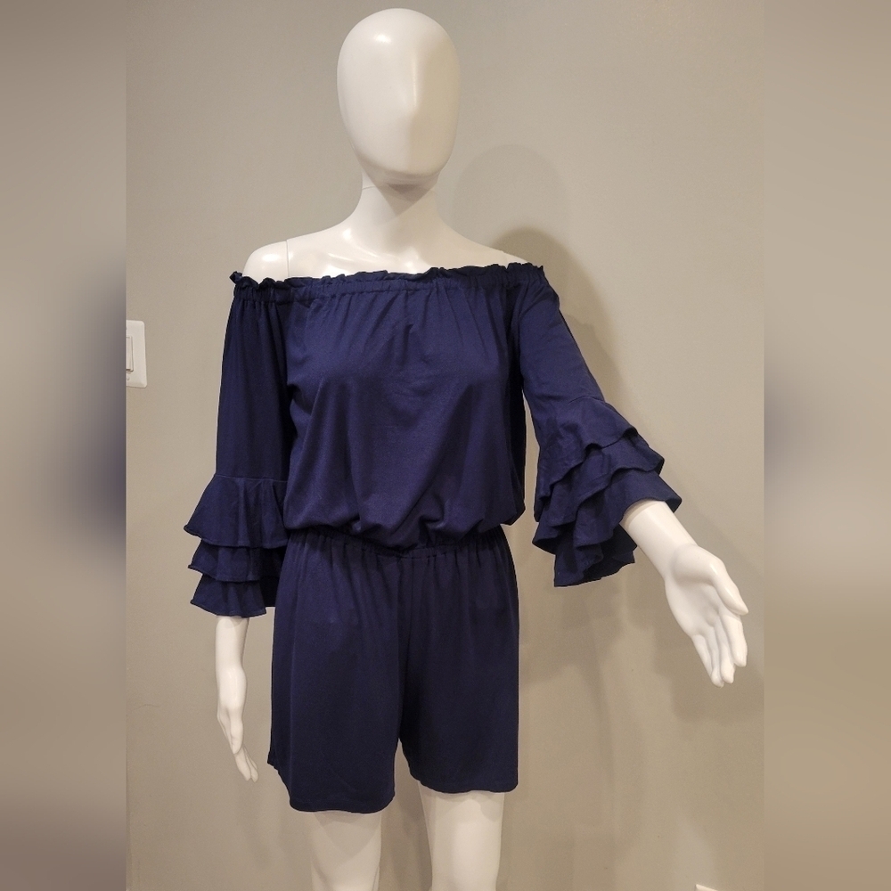 Lilly Pulitzer Navy Blue Off-Shoulder Ruffle Romper - Picture 2 of 8